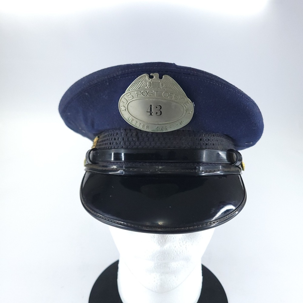 Vtg 1950s 1960s US Post Office Dept Brimmed Hat with Badge Size 7 Navy Blue POD